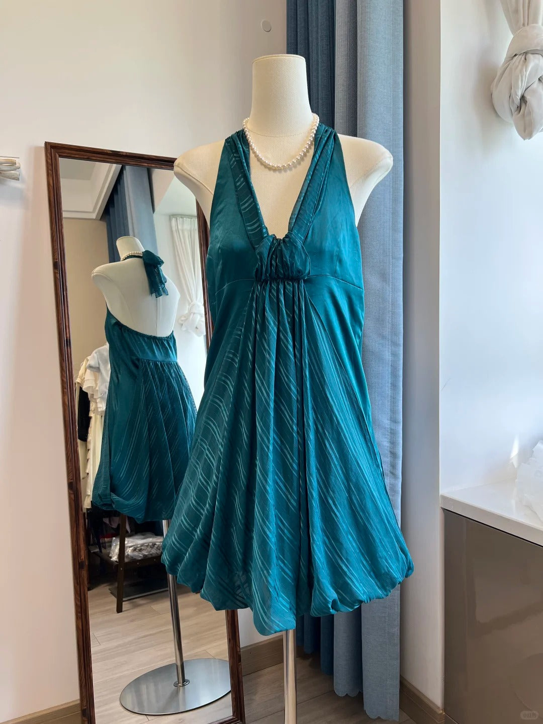 Pfauenblaues Vintage-Kurz-Chiffon-Heimkehrkleid, Geburtstagspartykleid, NV5099