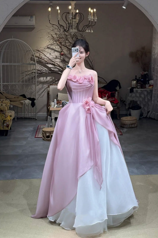 Sweet Element Style Strapless Sleeveless Gown | Pink-White Paneled Tulle 3D Flower Ballgown Maxi Dress for Engagement Luxury Dinner Garden Party NV6273