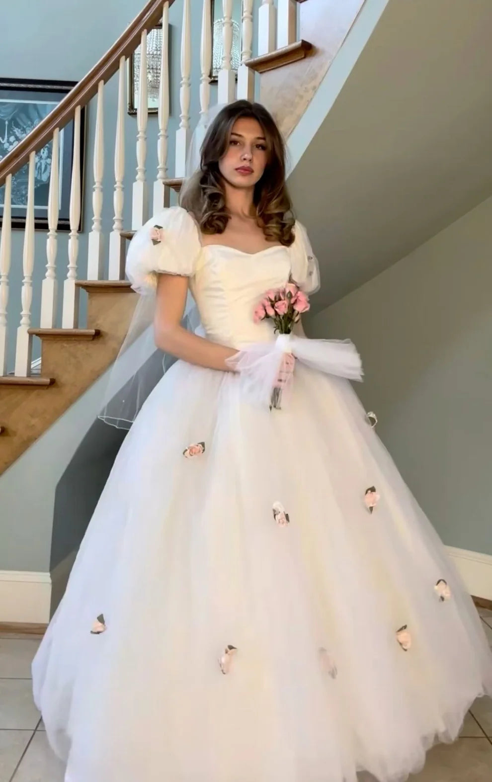 Robe de mariée longue en tulle à petites fleurs, couleur unie blanche, élégante, style princesse, pour femme, nv2744