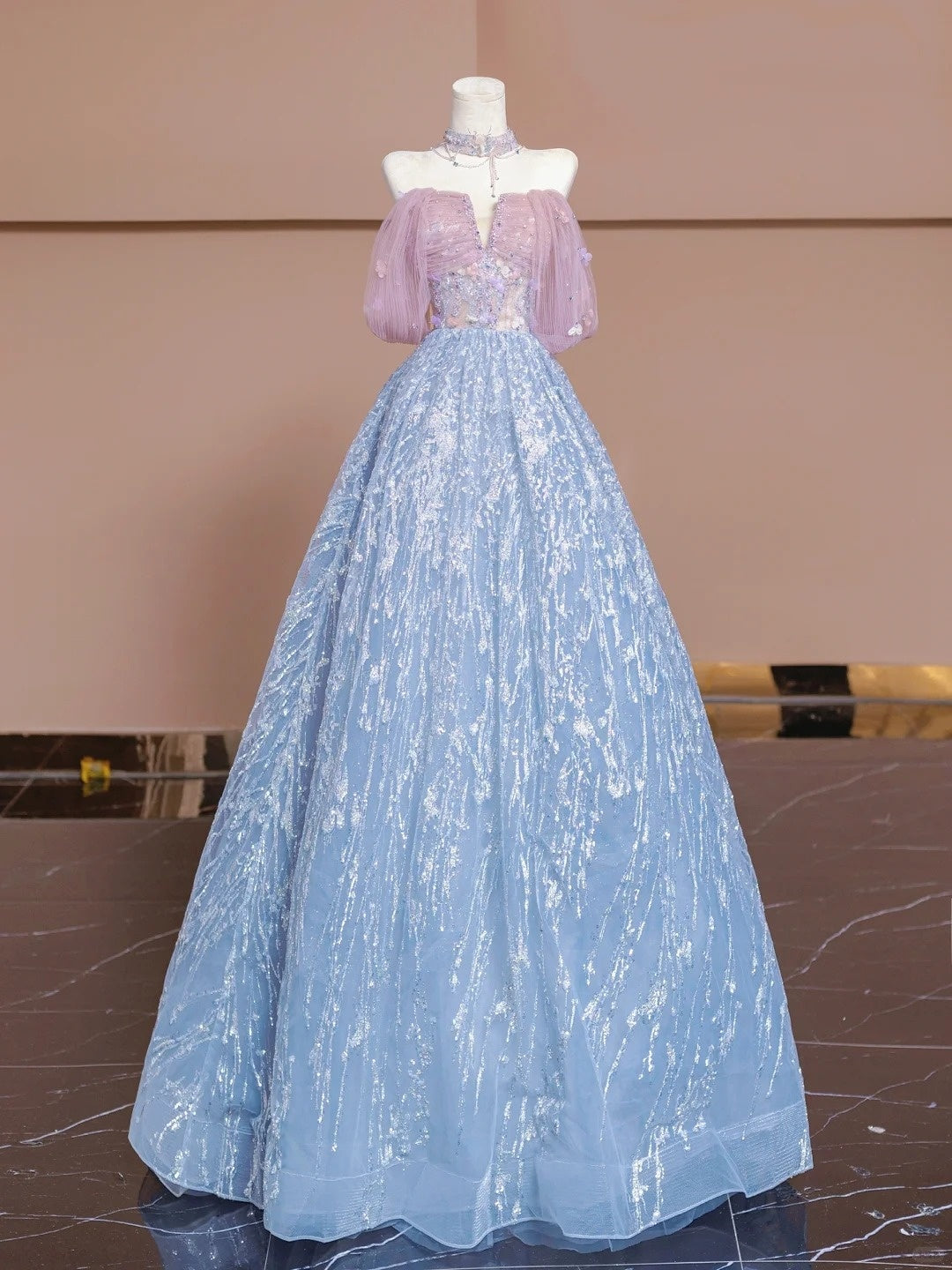 Pink Blue Beaded Long Tulle Floor Length Ball Gown Evening Dress nv5052