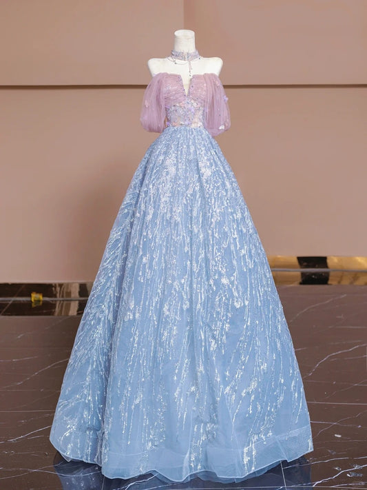 Pink Blue Beaded Long Tulle Floor Length Ball Gown Evening Dress nv5052