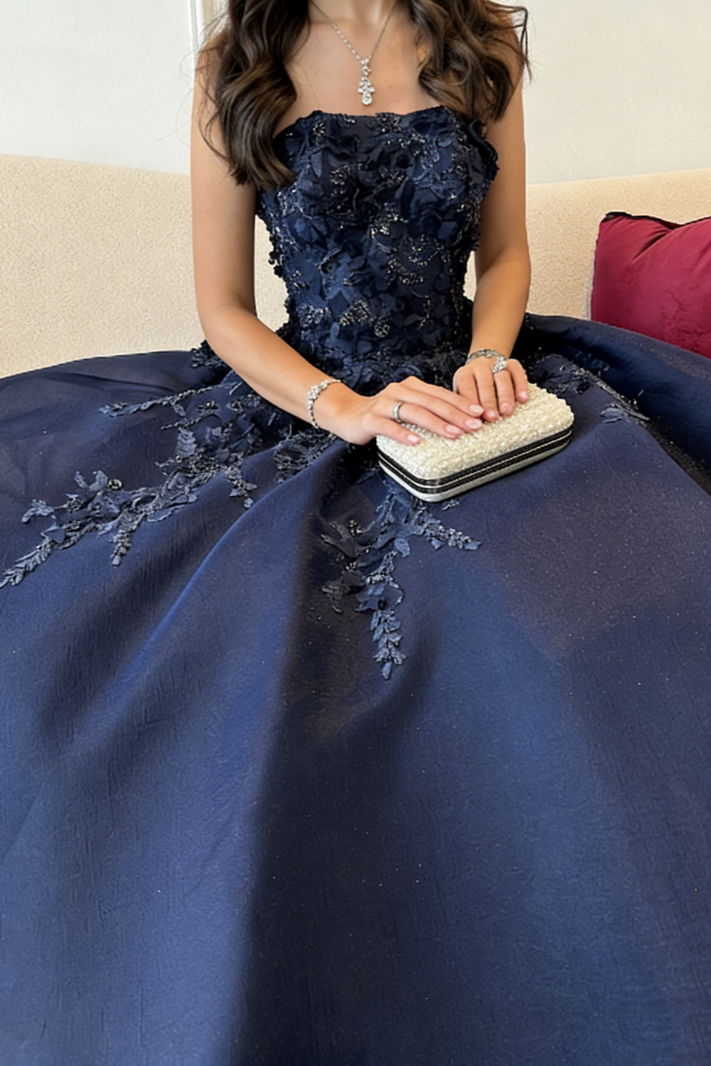 Navy Blue 3D Floral Beaded Ball Gown - Strapless Floor-Length Evening Dress NV6873