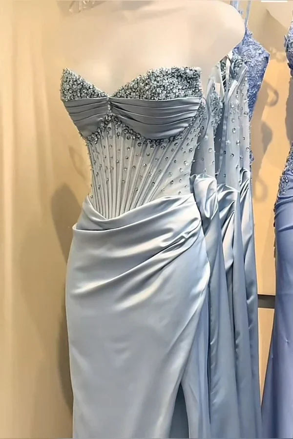 Blue Gorgeous Shiny Exquisite Beaded Long satin Slit Elegant Sexy Ball Gown Evening Dress Party Dress nv4148