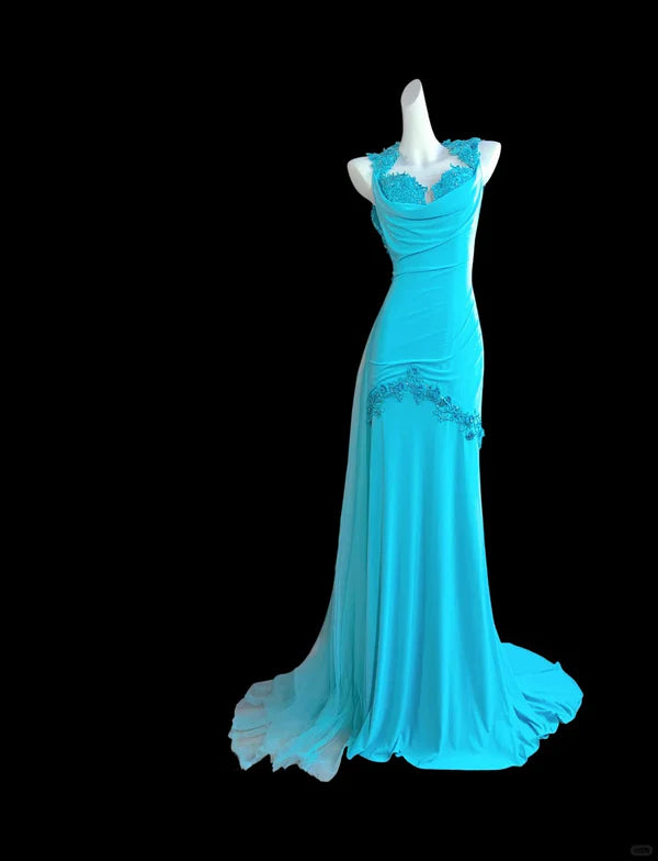Blaues rückenfreies langes Chiffon-Ballkleid mit Perlenbesatz, Abendkleid, Abschlusskleid, nv4400