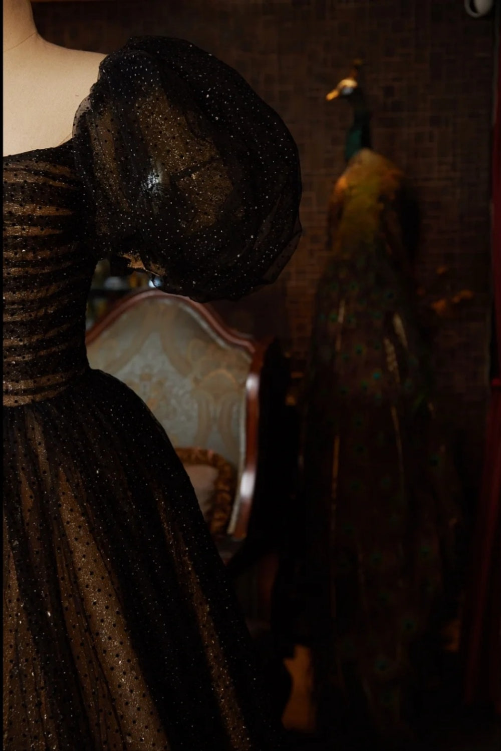 Dark Gold-Embroidered Dress, Mysterious Retro Long Shimmering Gown NV6537