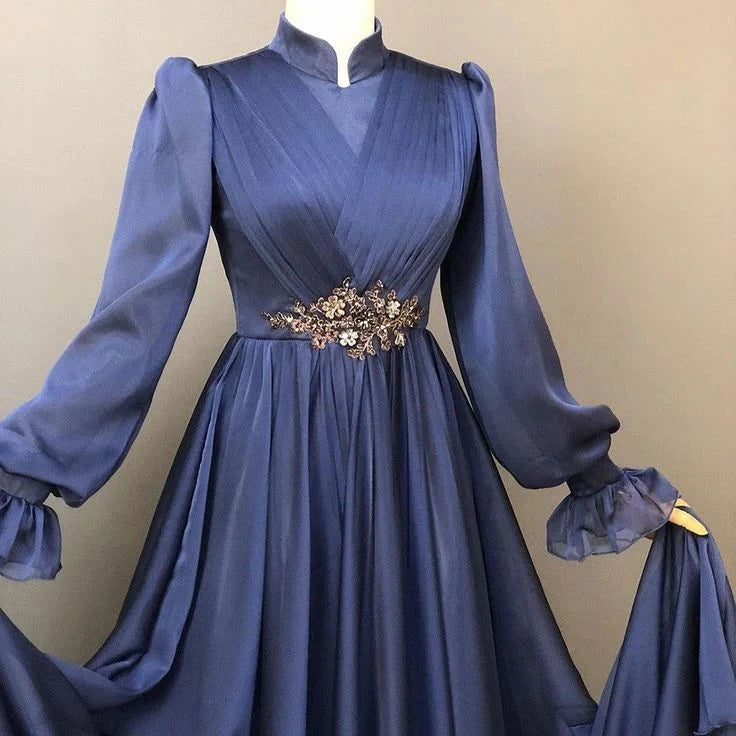 Elegantes Langarm Paillettengürtel Langes A-Linien Ballkleid Partykleid Abschlussballkleid Abendkleid nv1897