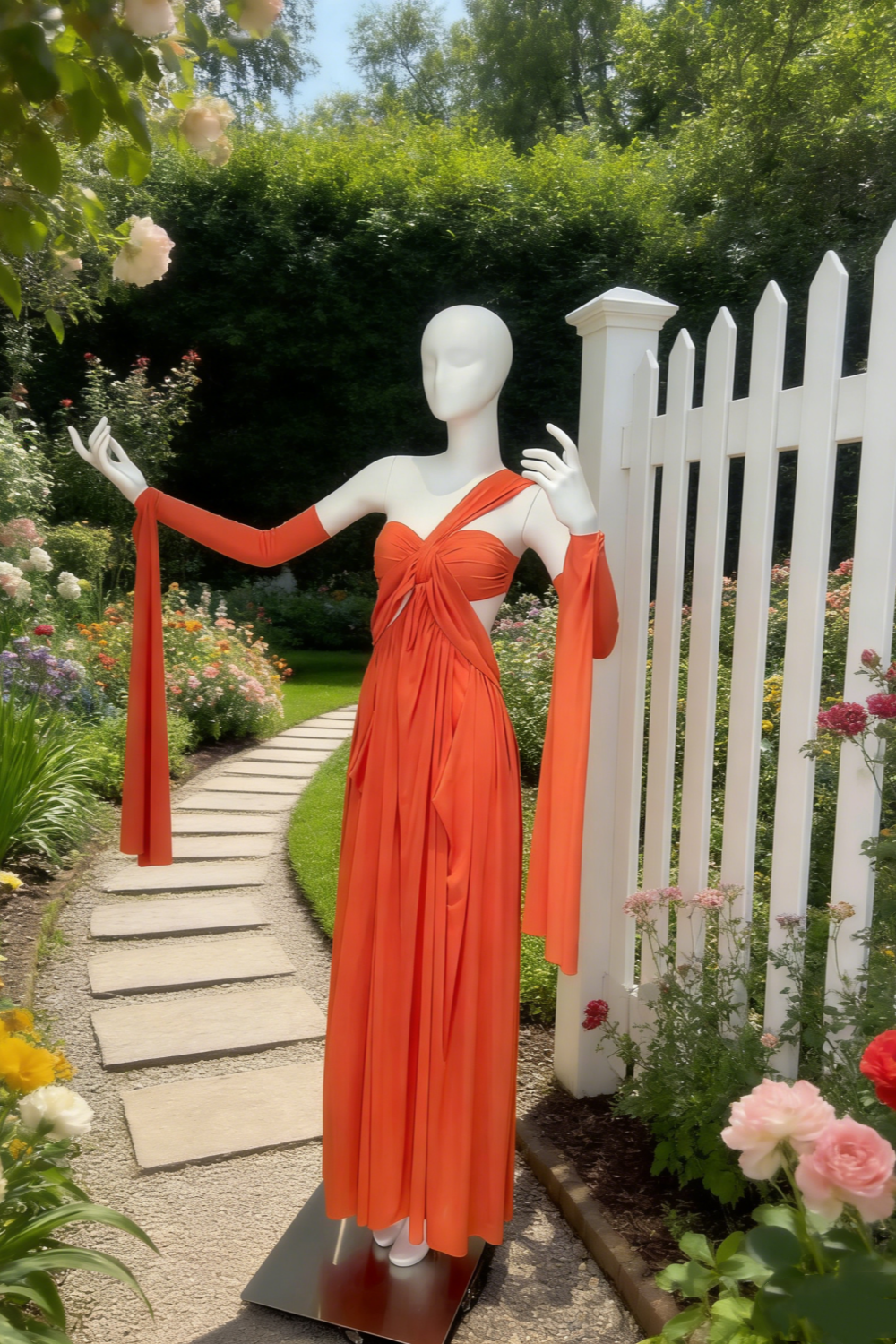 Leuchtend orangefarbenes, mattes, rückenfreies One-Shoulder-Kleid mit Twist-Knoten – luxuriöses Maxikleid mit drapierter Schärpe NV6783