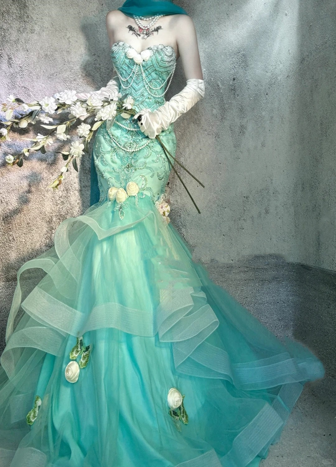 Blue gorgeous exquisite beaded long satin ball gown evening dress party dress nv4377