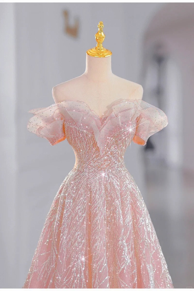 Rosa funkelndes elegantes langes Ballkleid aus Tüll, nv4227