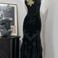 Black Vintage Elegant Delicate Beaded Floral Appliqué Long Velvet Ball Gown Evening Gown Birthday Party Dress Prom Gown nv4053