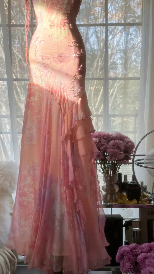 Elegantes und romantisches langes Ballkleid aus Chiffon mit Rüschen in Rosa, NV5321