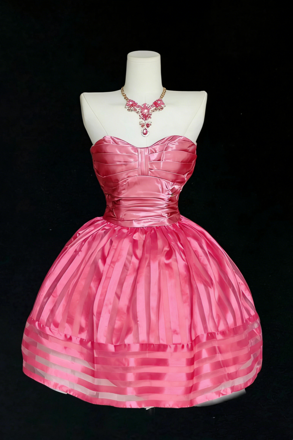 Stand Out! Hot Pink Satin Strapless Dress: Striped Flared Hem Built-In Spotlight NV6837