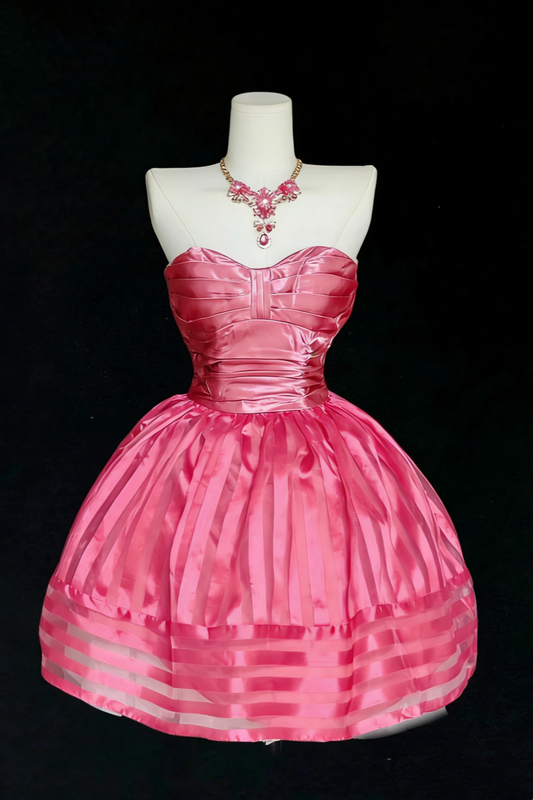 Stand Out! Hot Pink Satin Strapless Dress: Striped Flared Hem Built-In Spotlight NV6837