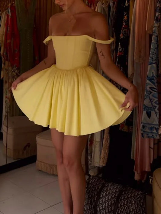 Robe de soirée courte jaune à épaules dénudées, robe de cocktail, robe de soirée, robe d'anniversaire, nv2105