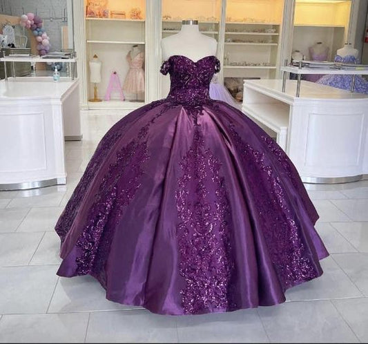 Robe de Quinceanera violet foncé avec appliques à paillettes brillantes et épaules dénudées, robe de soirée nv2020