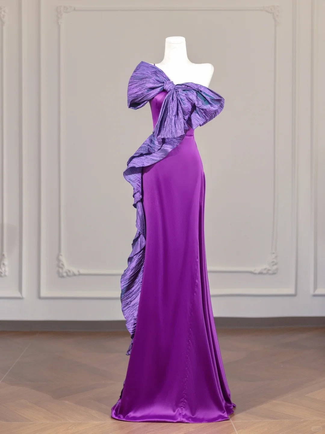 Purple Bow Long Satin Prom Dress Evening Dress Party Dress nv4961