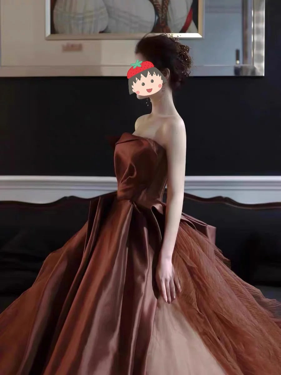 Caramel Color Simple Elegant Long Satin Tulle Ball Gown Evening Gown Birthday Gown Wedding Gown nv4157