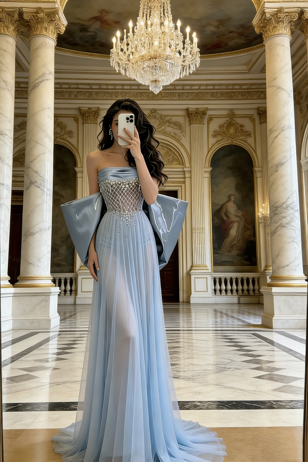 Hellblaues, trägerloses Kristallkleid – 3D-Schulterpartie, drapierte Schleppe, Abend-/Roter-Teppich-/Date-Maxikleid NV6817