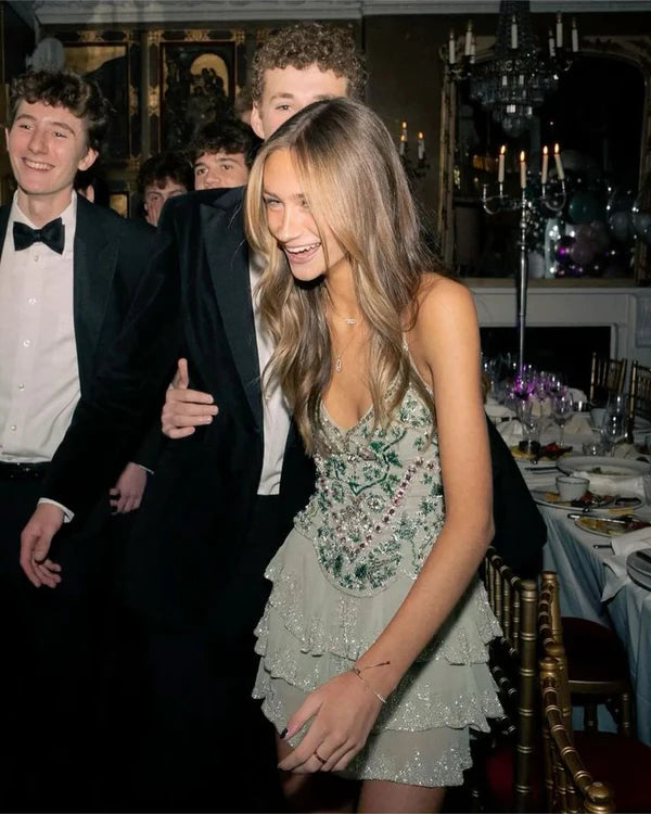 Green shiny floral fashion short ruffle chiffon homecoming dress birthday party dress nv5282