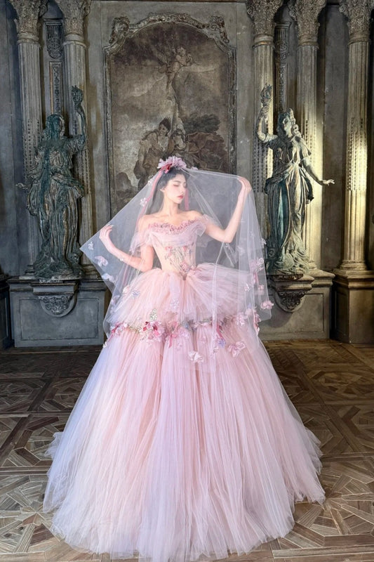 Pink floral long tulle ball gown NV6654