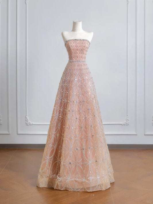 Robe de soirée longue en tulle rose doré, magnifique et luxueuse, nv4947