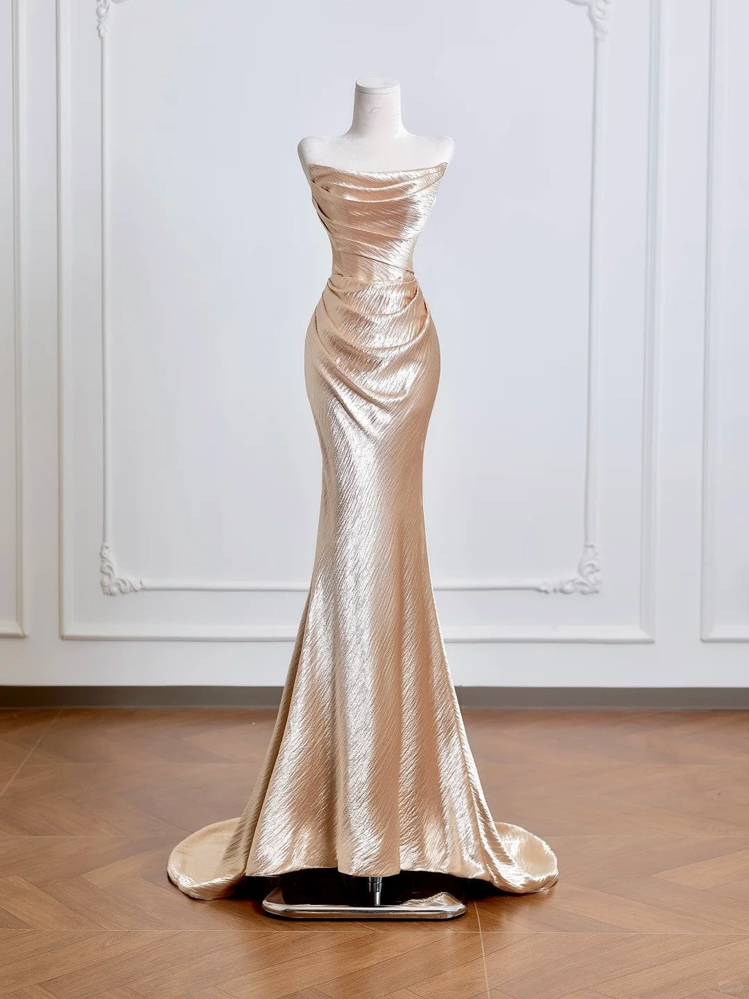 Champagne Gold Elegant Long Satin Prom Dress Evening Dress Party Dress nv4949