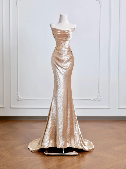 Robe de soirée longue en satin couleur champagne doré, élégante, nv4949