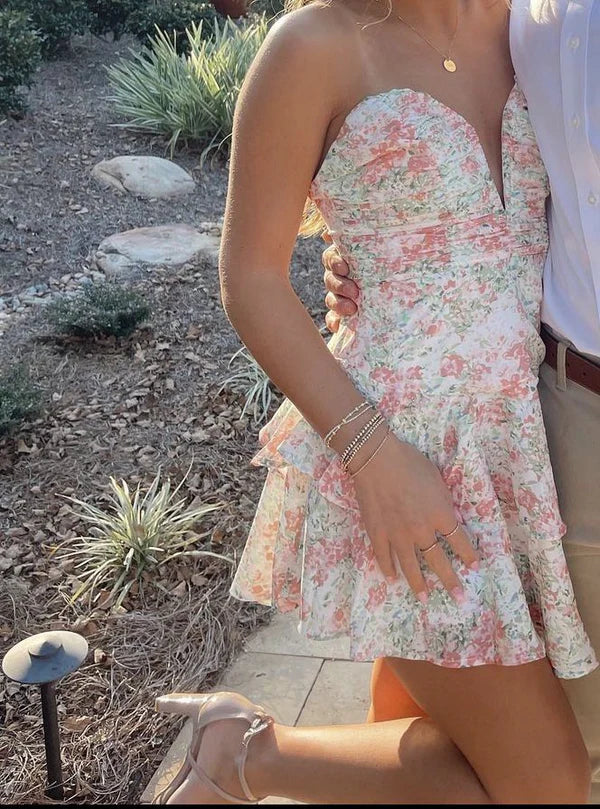 Pink Floral Off-the-shoulder Fashion Short Ruffle Chiffon Homecoming Dress Birthday Party Dress nv5281