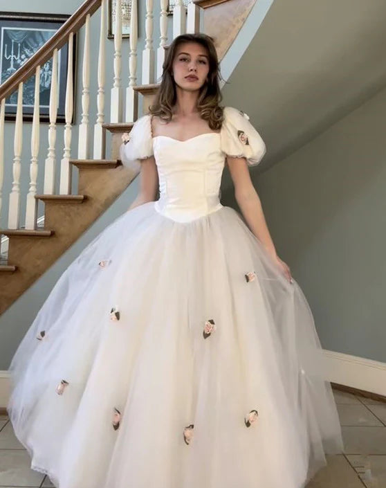 Robe de mariée longue en tulle à petites fleurs, couleur unie blanche, élégante, style princesse, pour femme, nv2744