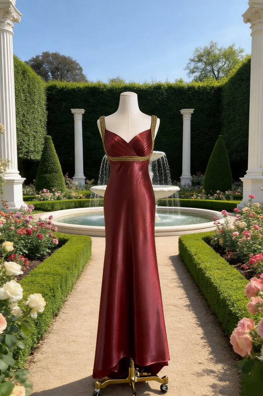 Burgundy Satin Sweetheart Neck Sleeveless Gown - Vintage Luxury Gold Beaded Mermaid Maxi Dress  NV6789