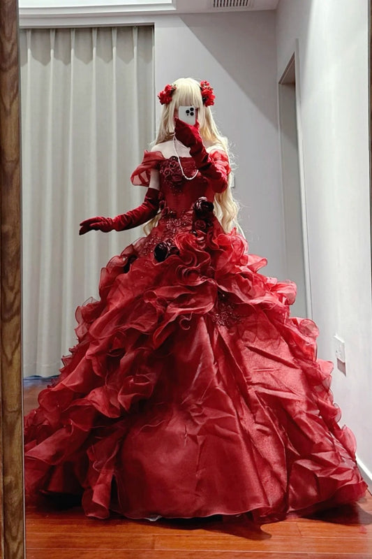 Red, delicately beaded, long tulle ball gown NV6662