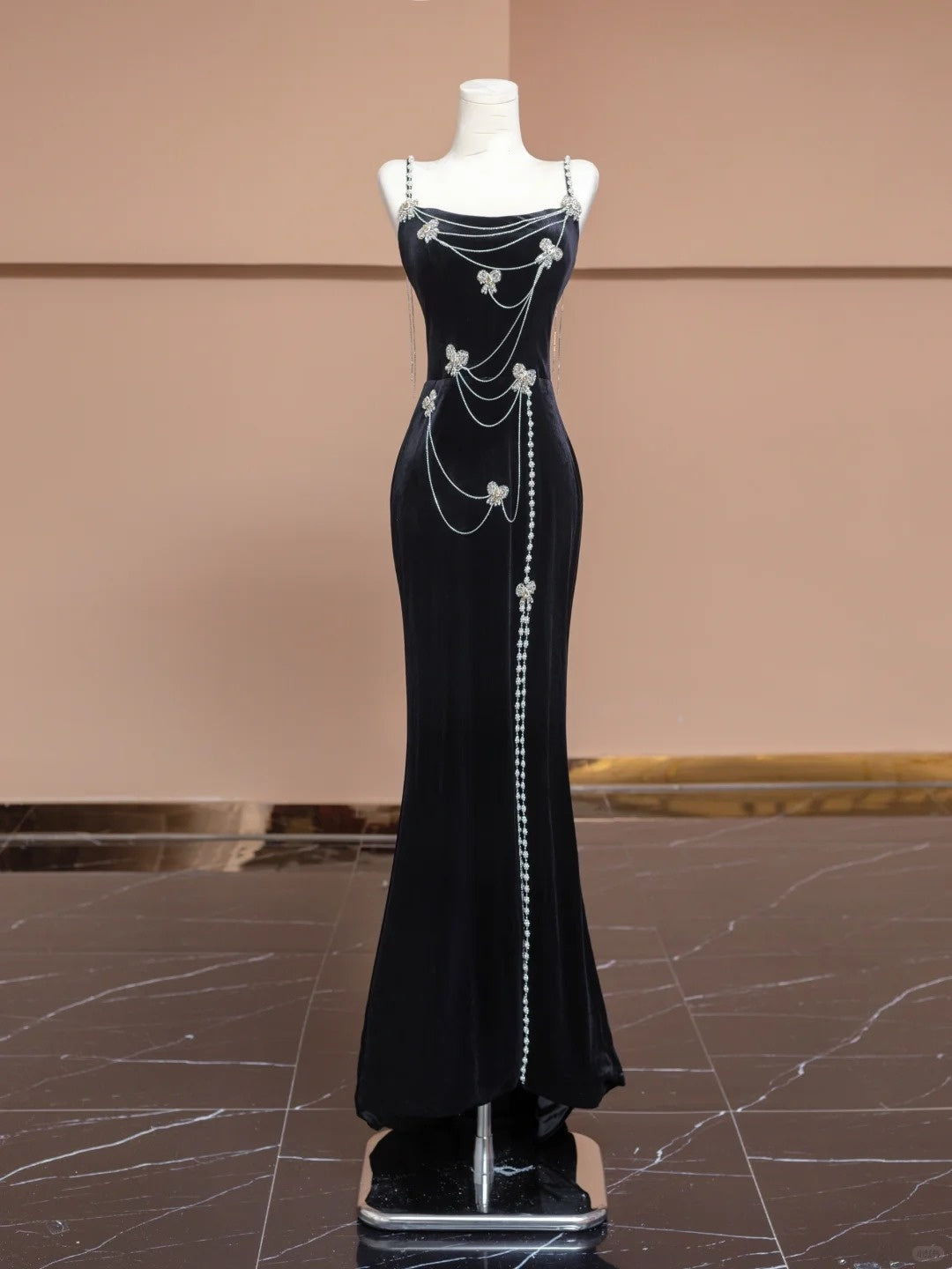 Black butterfly velvet long beaded prom dress evening gown nv5077
