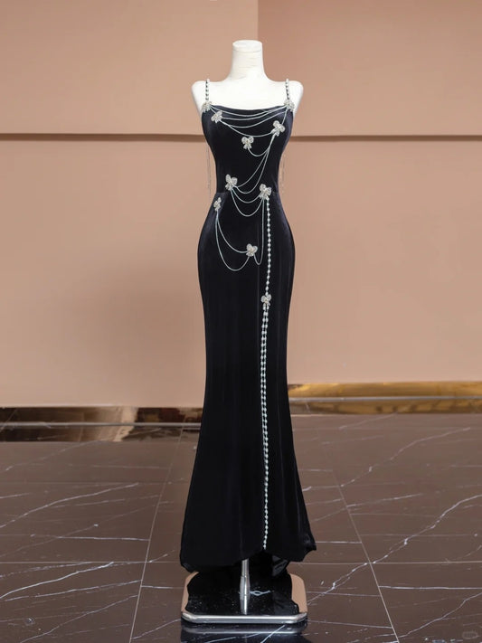 Black butterfly velvet long beaded prom dress evening gown nv5077