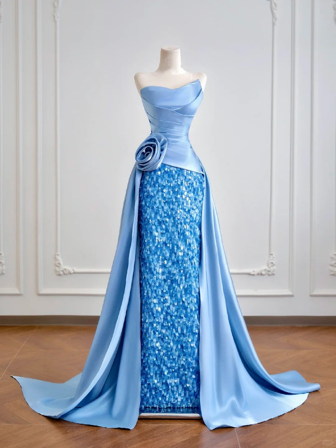 Blue shiny sequins long satin floor-length ball gown evening gown graduation dress nv5104