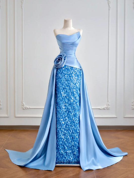 Blaues, glänzendes, langes, bodenlanges Satin-Ballkleid mit Pailletten, Abendkleid, Abschlusskleid, NV5104