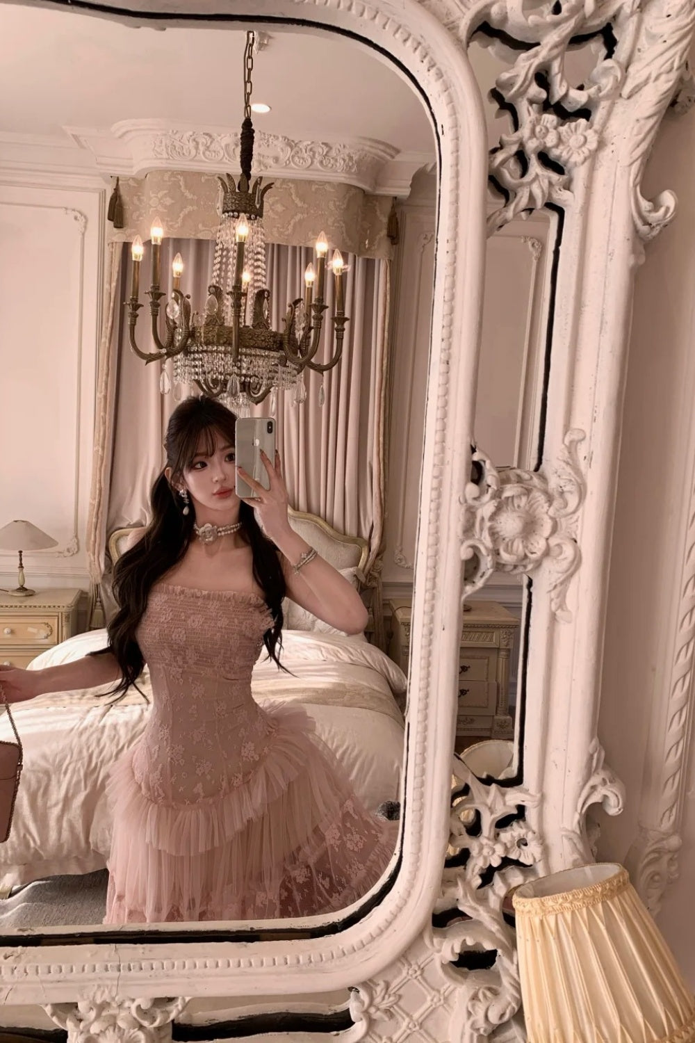 Pink long chiffon evening gown NV6745