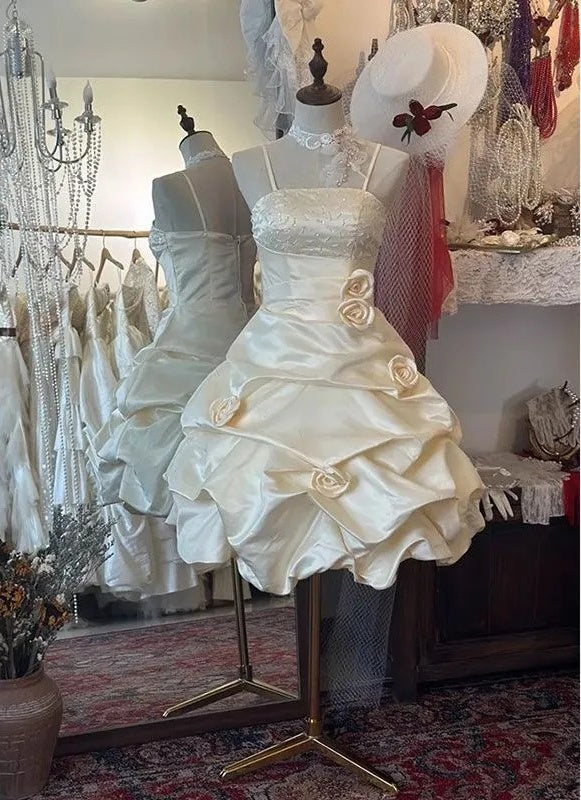 Gelbes geblümtes Homecoming-Kleid, kurzes Satin-Ballkleid, Abendkleid, Kleid für Erwachsene, NV4426