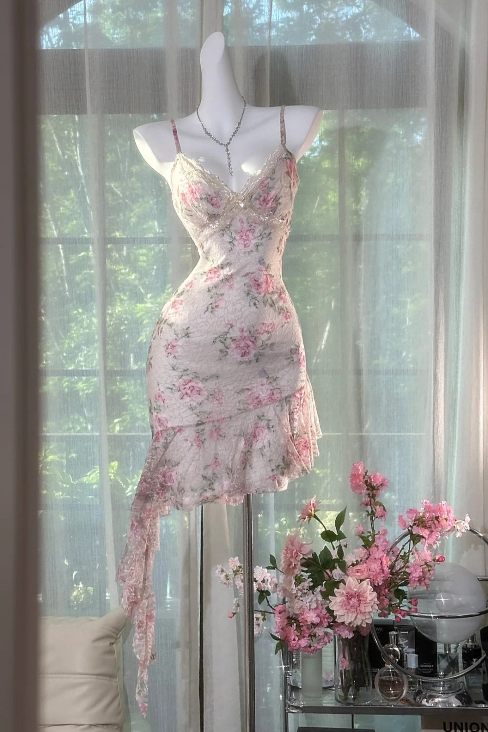 Sweet Floral Lace Dress, Sleeveless Spaghetti Strap Party Dress  NV6885