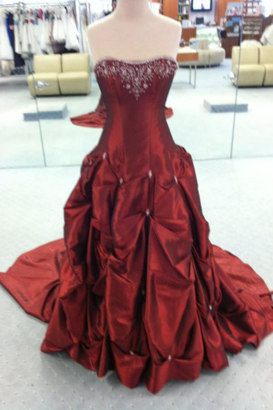 NiceVestidos-Burgundy Satin Beaded Strapless Sleeveless Floor-Length Train Ball Gown NV6180