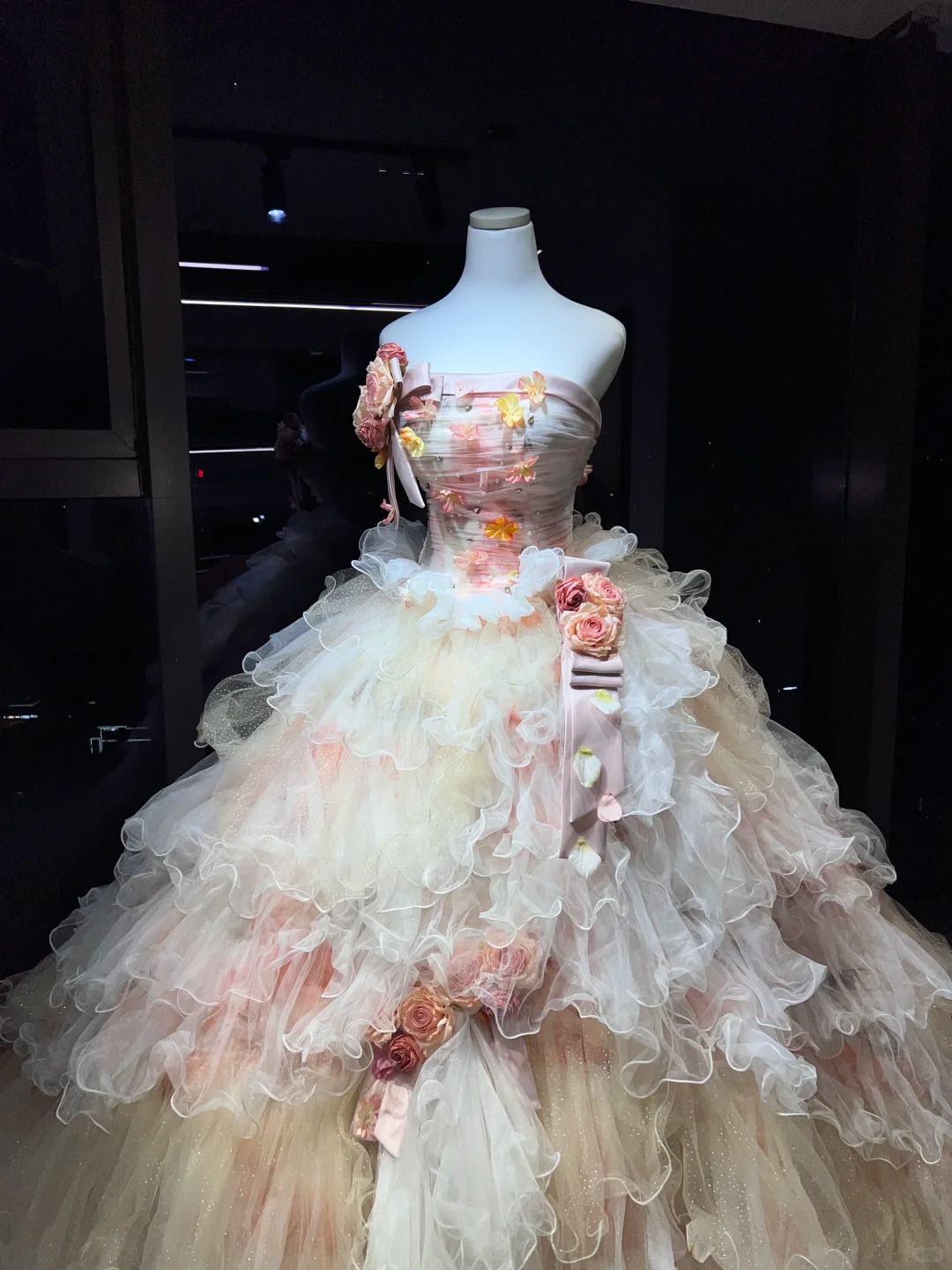 Strapless Blush Pink Prom Dress Ruched 3D Rose Tiered Ruffle Glitter Tulle Ball Gown  NV7052