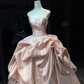 Strapless Blush Pink Prom Dress Hand Beaded Neckline Corset Shiny Satin Ruffle Ball Gown  NV7044