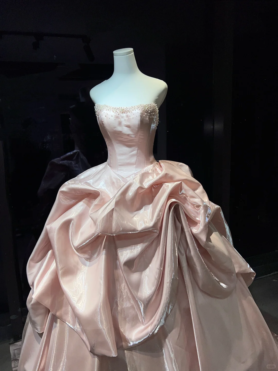 Strapless Blush Pink Prom Dress Hand Beaded Neckline Corset Shiny Satin Ruffle Ball Gown  NV7044