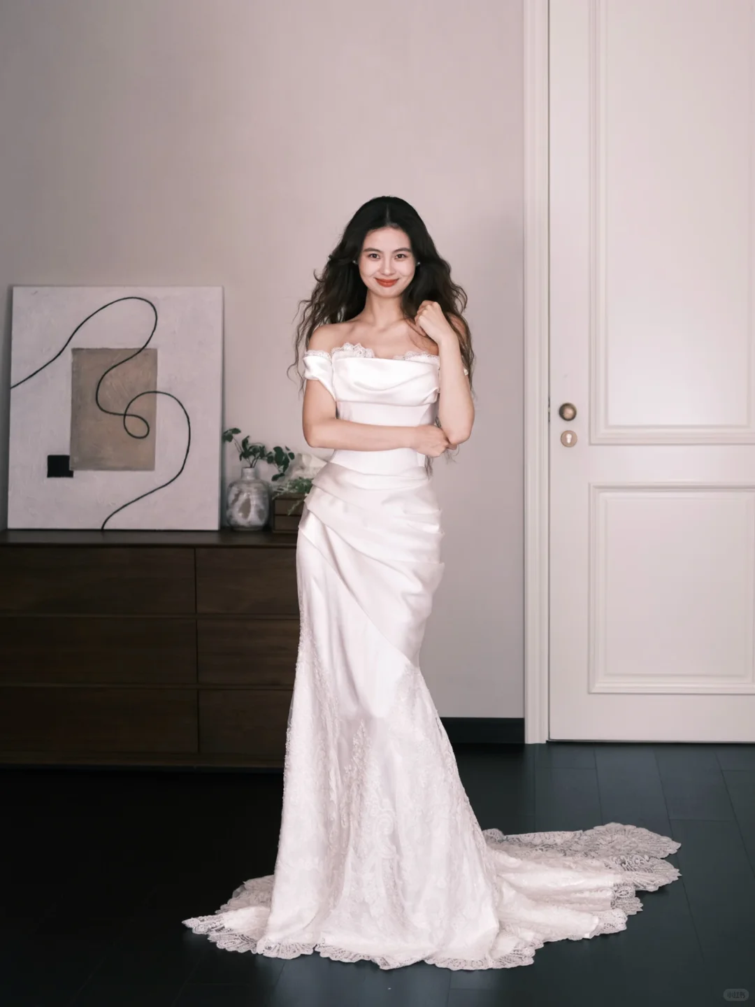 Off Shoulder Lace Trim Satin Mermaid Bridal Gown, Elegant Wedding Dress  NV7336