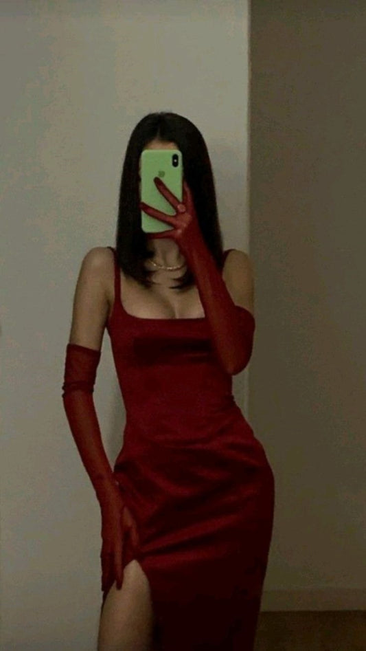 Robe de soirée longue en satin rouge simple et élégante avec col carré et fente latérale, robe de soirée sexy avec gants nv3092
