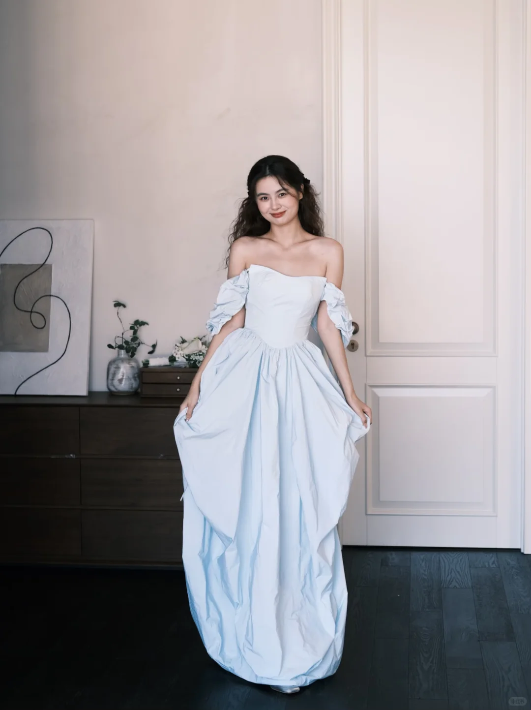 Light Blue Off Shoulder Detachable Puff Sleeve Prom Ball Gown  NV7372