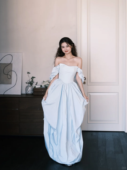 Light Blue Off Shoulder Detachable Puff Sleeve Prom Ball Gown  NV7372
