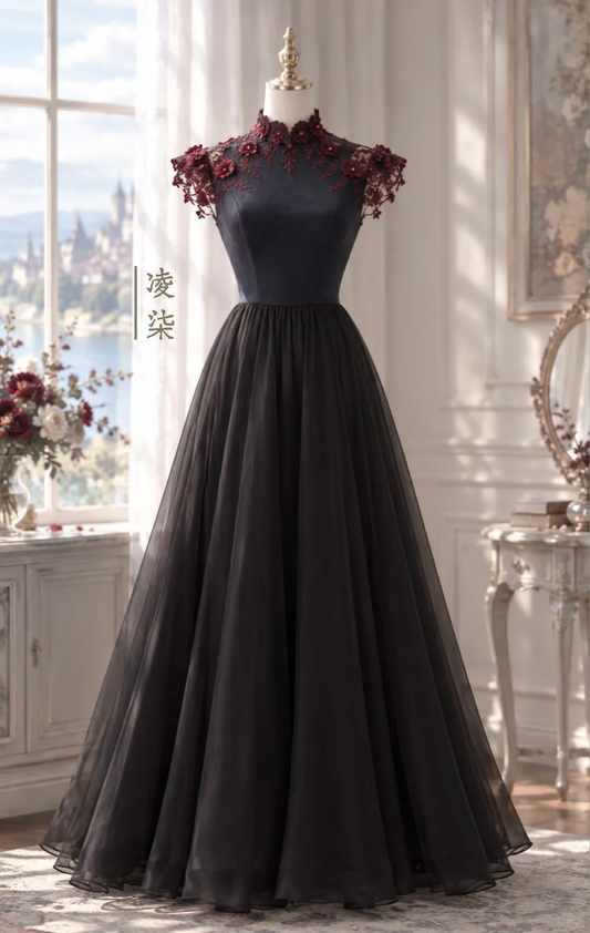 Black Burgundy 3D Floral Lace High Neck Prom Gown  NV7443