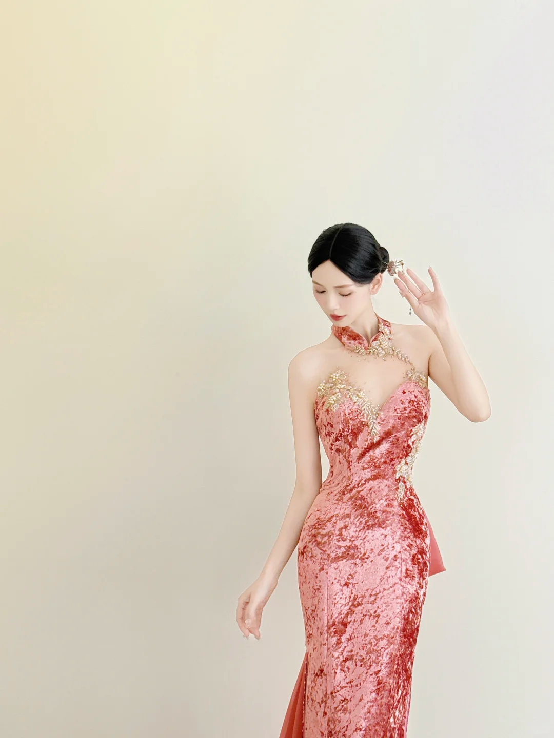 New Chinese Halter Velvet Mermaid Evening Gown High Slit Chiffon Train  NV7169