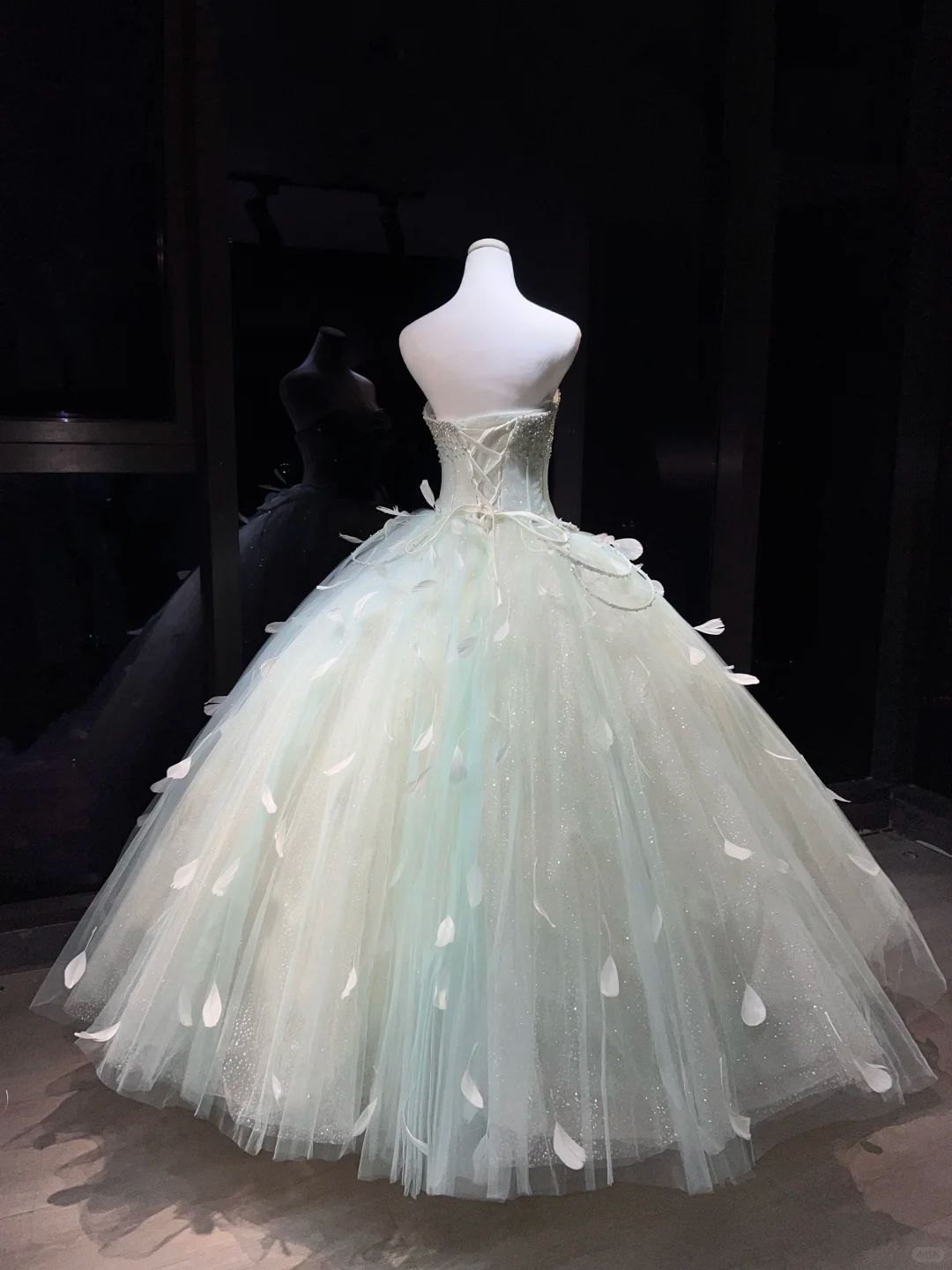 Mint Green Sparkly Tulle Ball Gown Strapless Feather Rhinestone Long Prom Dress  NV7082