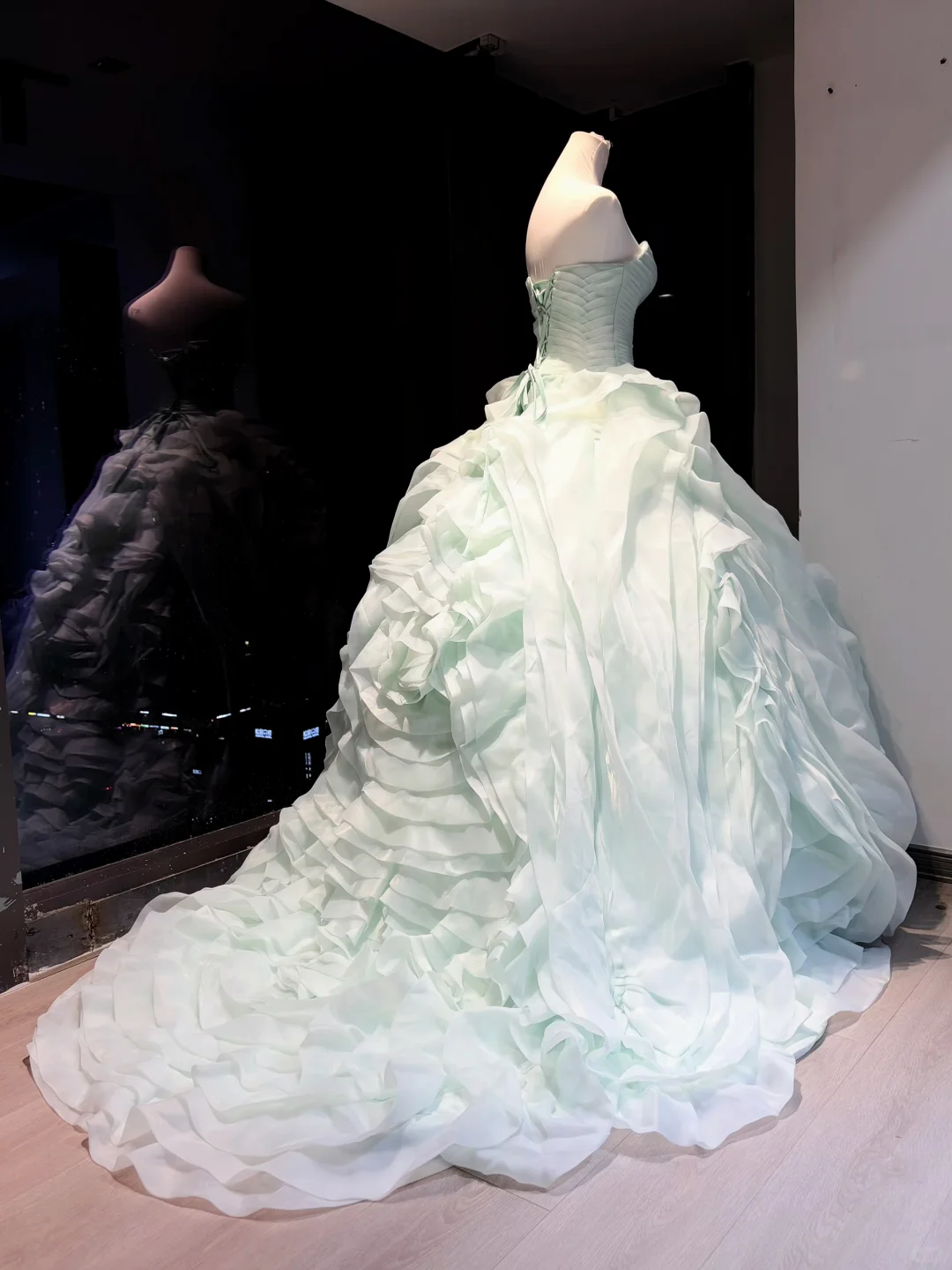 Mint Green Strapless Ball Gown Ruched Bodice Layered Ruffle Organza Formal Dress  NV6957